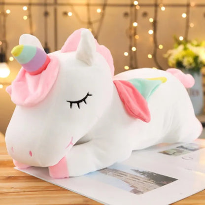 Adorable huge unicorn plush featuring a beautiful white and pink design, perfect for cuddles and adding festive charm to your holiday home