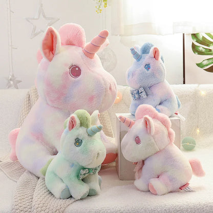 Soft and colorful rainbow unicorn plush toy featuring a sparkling mane and tail, perfect for cuddling and imaginative play