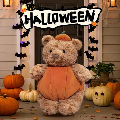 Adorable plush toy featuring a cute bear nestled inside a vibrant pumpkin, perfect for adding a cozy, festive touch to your Halloween decor.