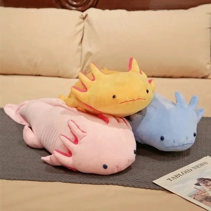 Charming plush axolotl long cushion in pastel colors, designed for comfort and adding a whimsical touch to your space