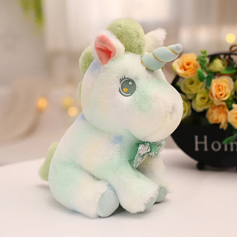 A delightful collection of cute rainbow unicorn plush toys, each with unique designs and soft textures, perfect for cuddling and display