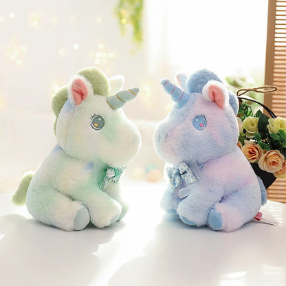 Charming rainbow unicorn stuffed animal with big eyes and a fluffy body, ideal for hugs and enhancing any child's collection