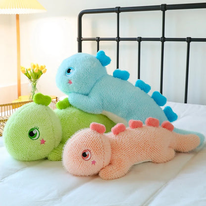 Adorable oversized pink dinosaur plush pillow featuring a cute face and soft, huggable body, perfect for cuddling and imaginative play