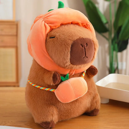 A playful capybara plush toy adorned with a cheerful vegetable hat, designed to bring smiles and laughter during cuddle time