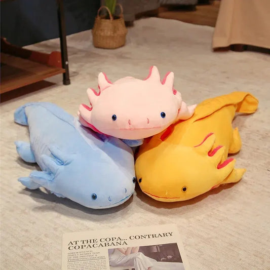 Soft and huggable axolotl long pillow cushion with a friendly smile, ideal for cozying up on the couch or bed