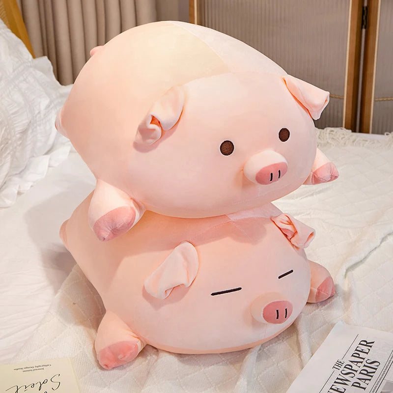 A soft squishy pink pig plush pillow, perfect for cuddling and bringing a touch of whimsy to your bedroom decor