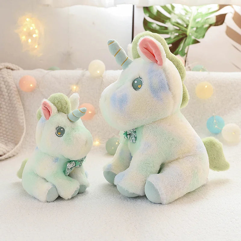 Sweet rainbow unicorn plush animal featuring a friendly face and cuddly design, ideal for snuggling and companionship