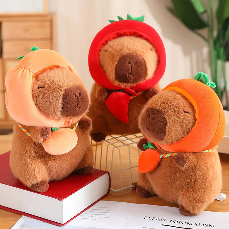 n adorable capybara plush toy wearing a whimsical vegetable hat, combining cuteness and creativity for a fun playtime companion