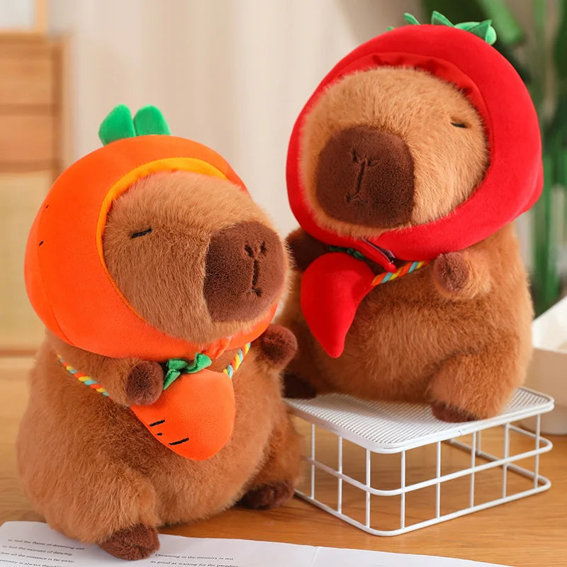 This unique capybara plush toy features an adorable vegetable hat, ideal for fostering a love of nature and animals in children