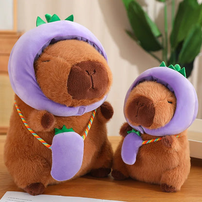 A fun and quirky capybara plush toy featuring a vegetable hat, perfect for encouraging laughter and creativity in children's playtime