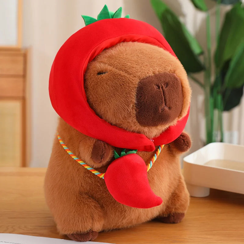 Whimsical capybara plush toy with a soft texture and a fun vegetable hat, perfect for adding a touch of joy to any plush collection