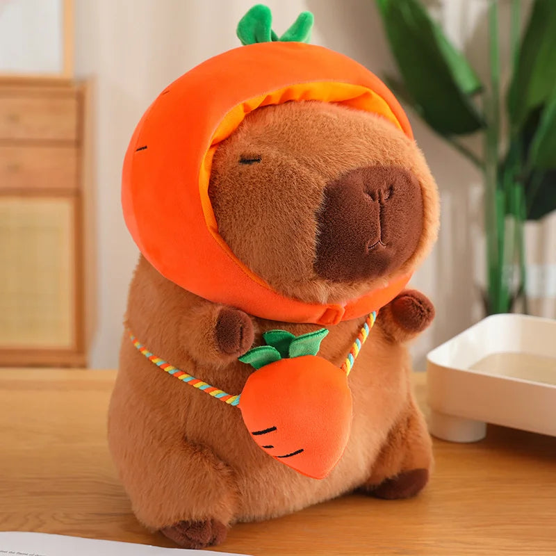 this charming capybara plush toy, adorned with a colorful vegetable hat, brings a delightful twist to traditional plush companions