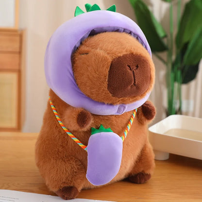 This fun capybara plush toy, featuring a vibrant vegetable hat, is a unique addition to any child's toy collection, sparking joy and creativity