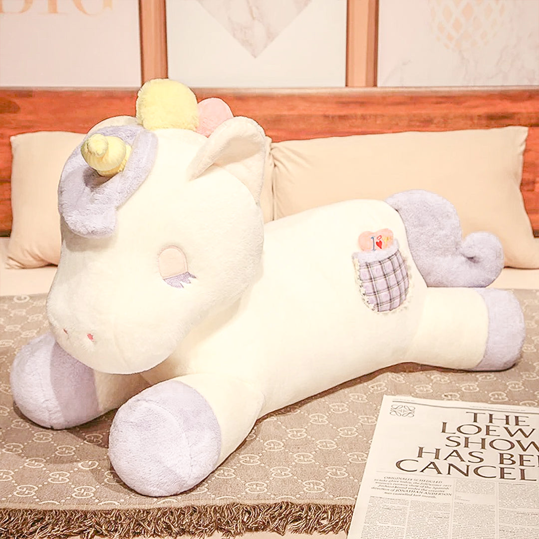 A breathtaking gigantic unicorn plush toy in a dreamy setting, capturing the essence of magic and whimsy