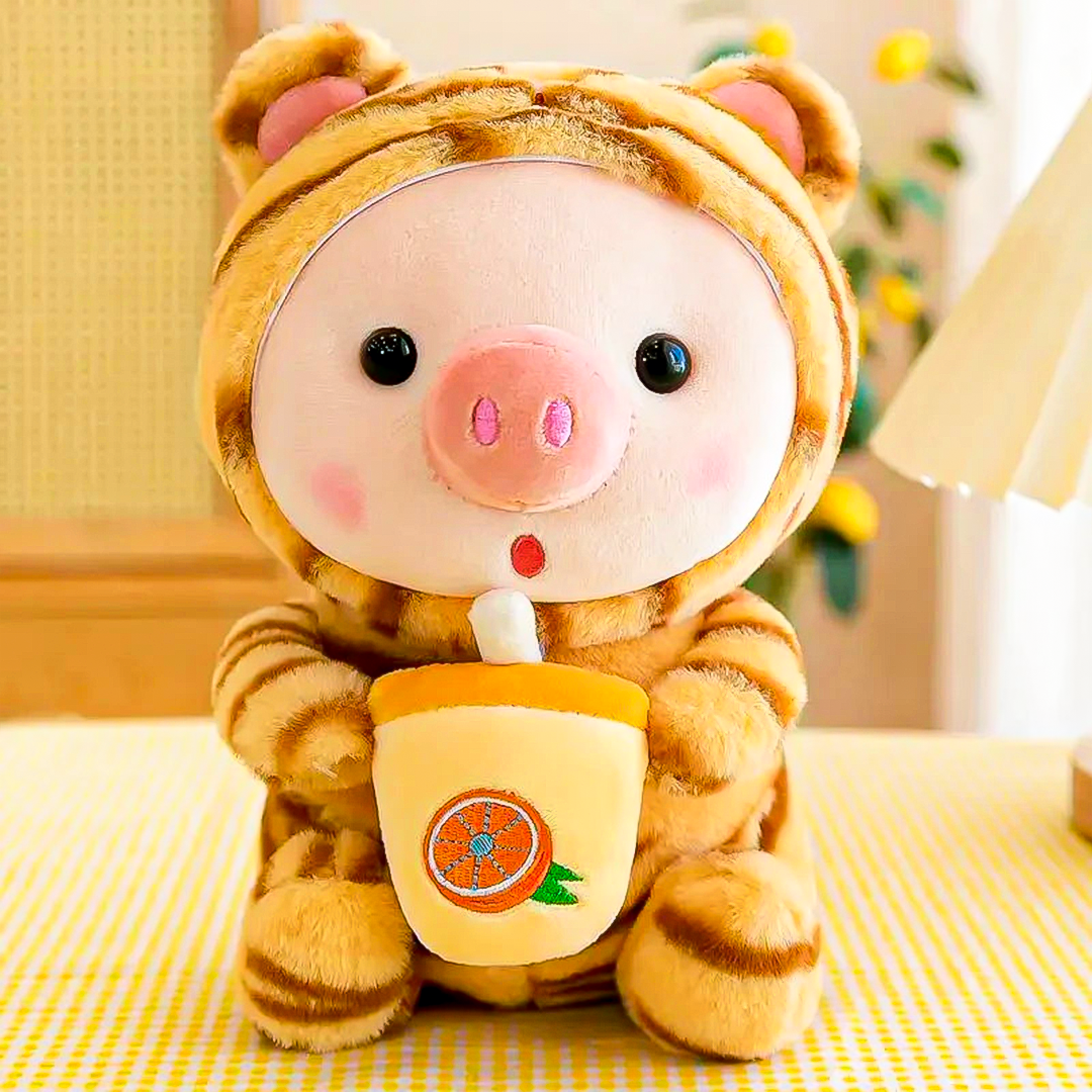 kawaii baby pig plushy with boba Tea