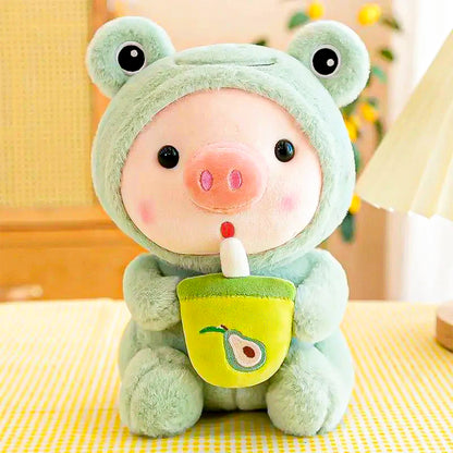 Adorable piglet plush toy with a boba tea design, dressed in a green frog plush 