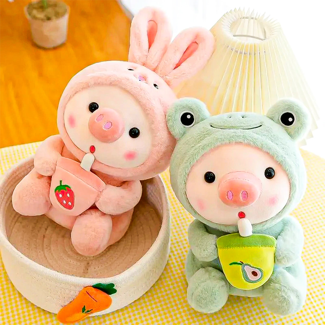 Adorable piglet plush toy with a boba tea design, crafted with ultra-soft fabric and stuffed with PP cotton, great for kids and adults