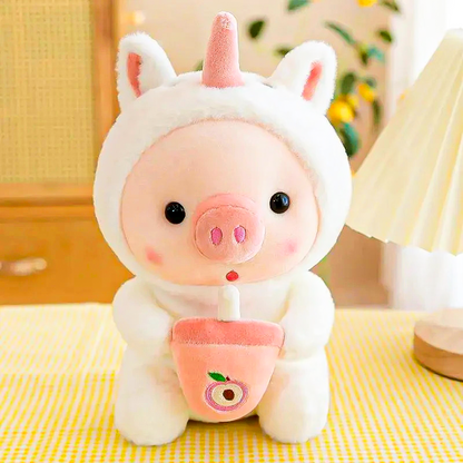 Adorable piglet plush toy with a boba tea design, dresssed in unicorn costume